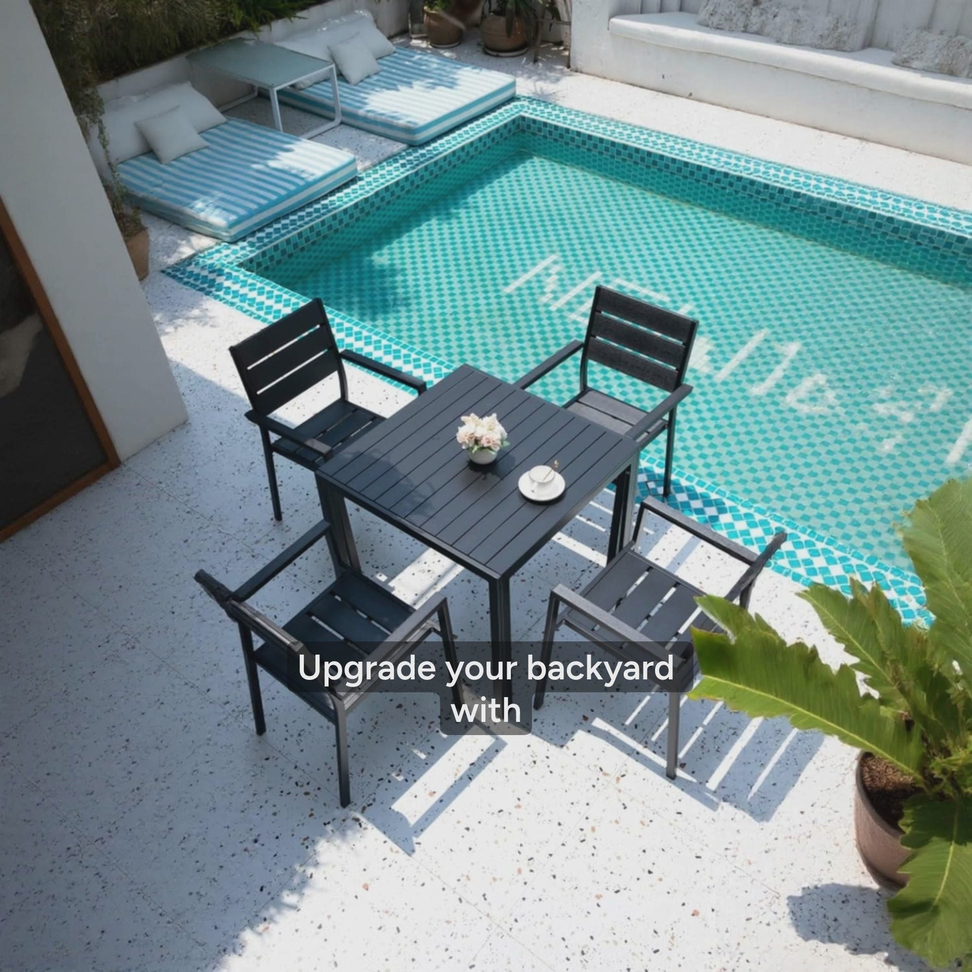 Black Modern Outdoor Armchair with Aluminum Frame and Plastic Wood Slats